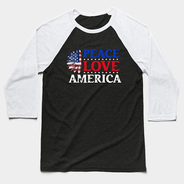 Peace Love America Baseball T-Shirt by  El-Aal